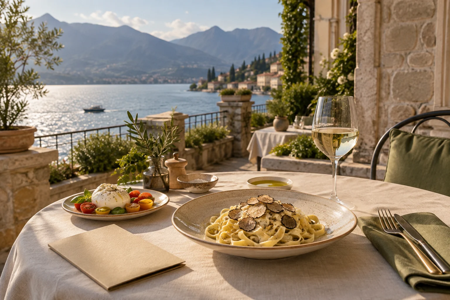 Fresh pasta and burrata at a sunlit lakeside restaurant